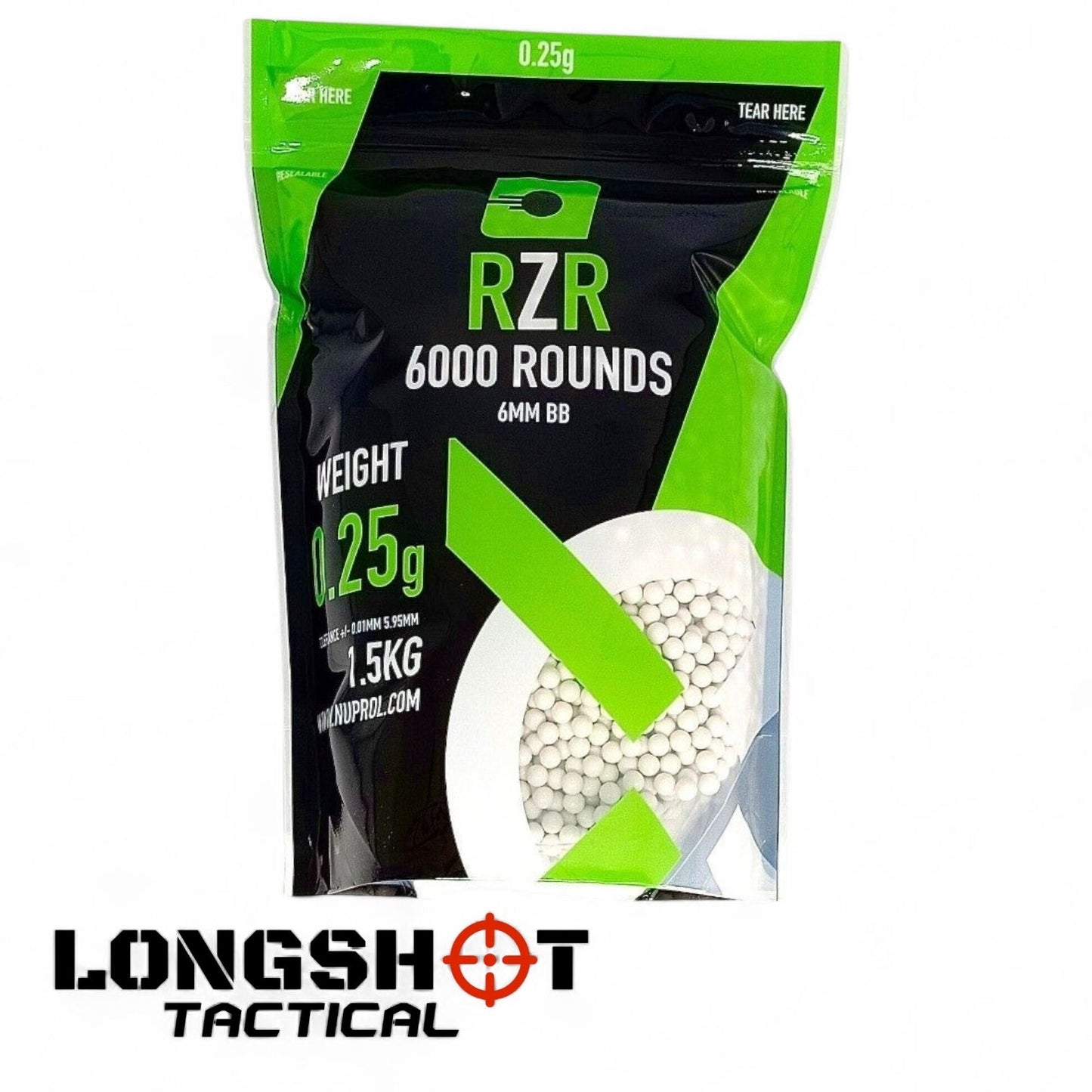 RZR Airsoft BBs (6000R Resealable Bag) (0.25g) (White) - Longshot Tactical