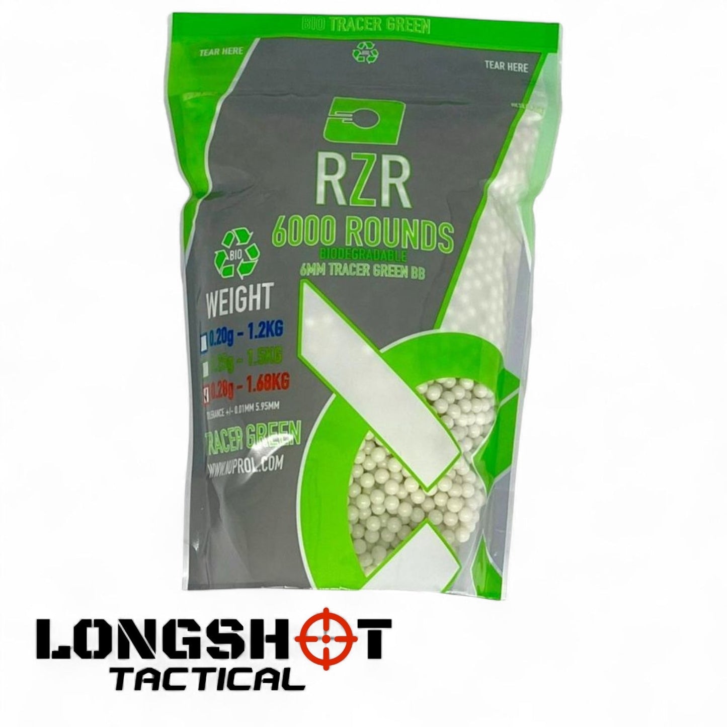 RZR Airsoft BBs Biodegradable Tracer (6000R Resealable Bag) (0.25g) (Green) - Longshot Tactical