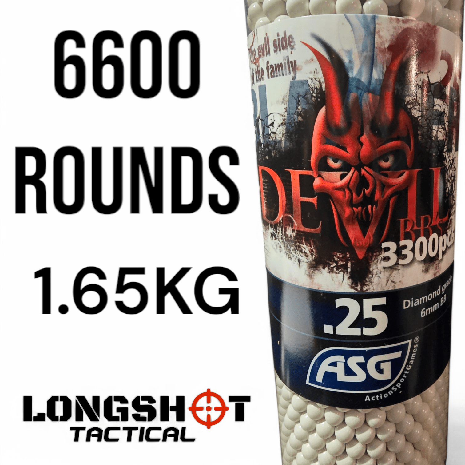 Blaster Devil, 0.25g, airsoft BB, 3300 pcs. bottle — 2 Bottles (6600 BB's) - Longshot Tactical