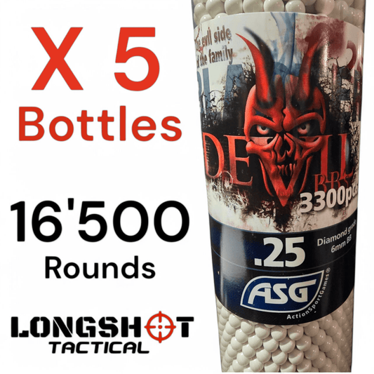 Blaster Devil, 0.25g, airsoft BB, 3300 pcs. bottle — 5 Bottles (16500 BB's) - Longshot Tactical