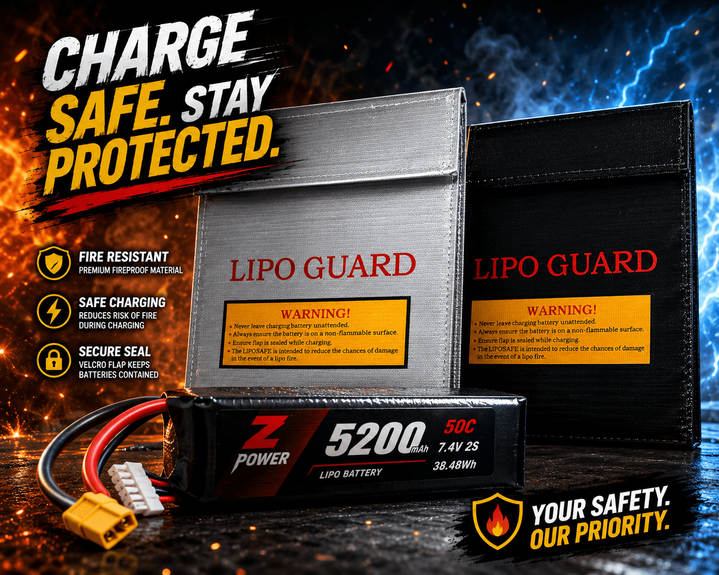 LiPo Battery Safety Charging & Storage Bag | Fire Resistant LiPo Guard Pouch - Longshot Tactical