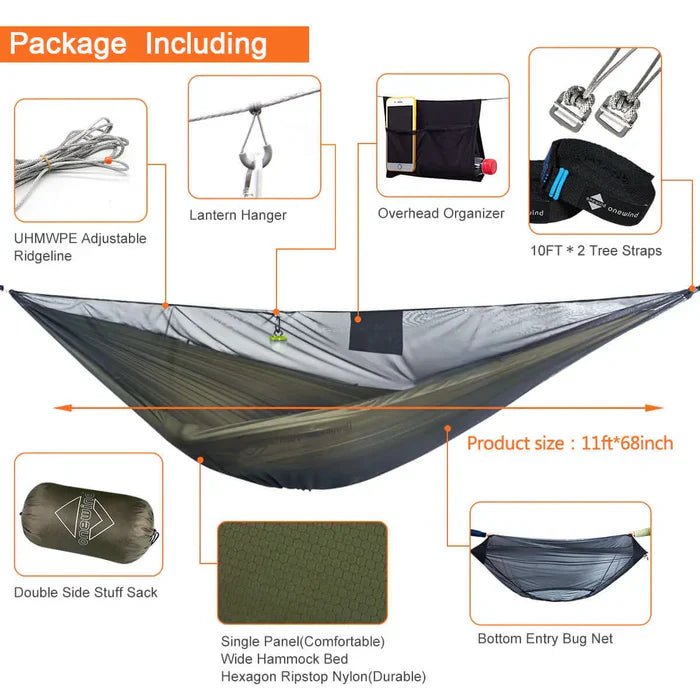 Onewind Outdoors Aerie 11' Double Camping Hammock with Mosquito Net - Longshot Tactical