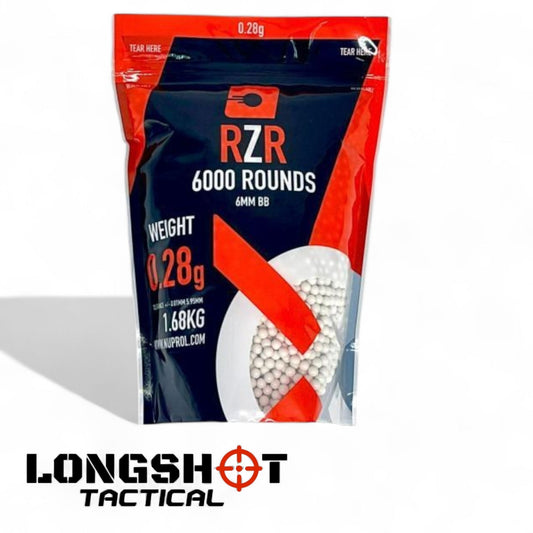 RZR Airsoft BBs 0.28g – 6000R Resealable Bag (White) by Nuprol - Longshot Tactical