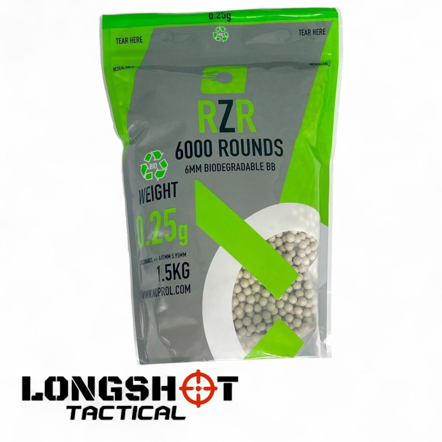 RZR Airsoft BBs Biodegradable (6000R Resealable Bag) (0.25g) (White) - Longshot Tactical