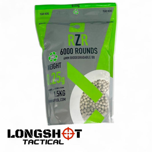 RZR Airsoft BBs Biodegradable (6000R Resealable Bag) (0.25g) (White) - Longshot Tactical