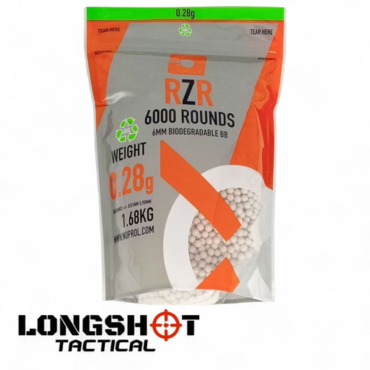 RZR Airsoft BBs Biodegradable (6000R Resealable Bag) (0.28g) (White) - Longshot Tactical